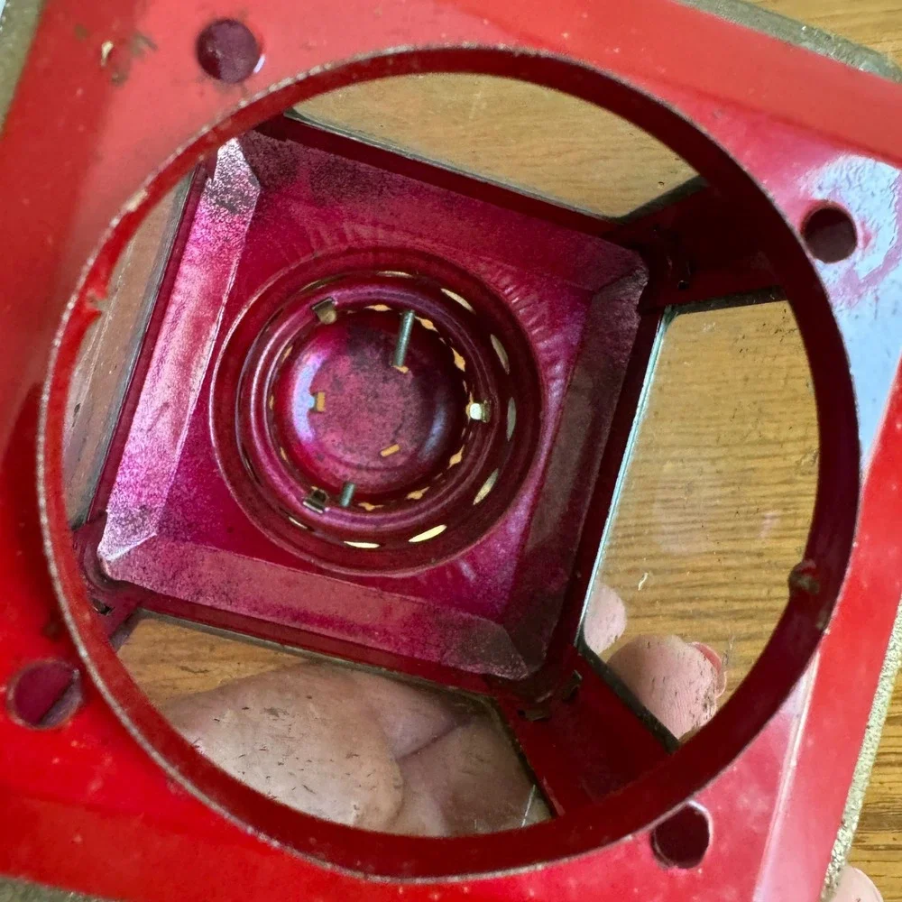 Vintage Red Metal and Brass Glass Pane Lantern Candle Holder Made in Hong Kong